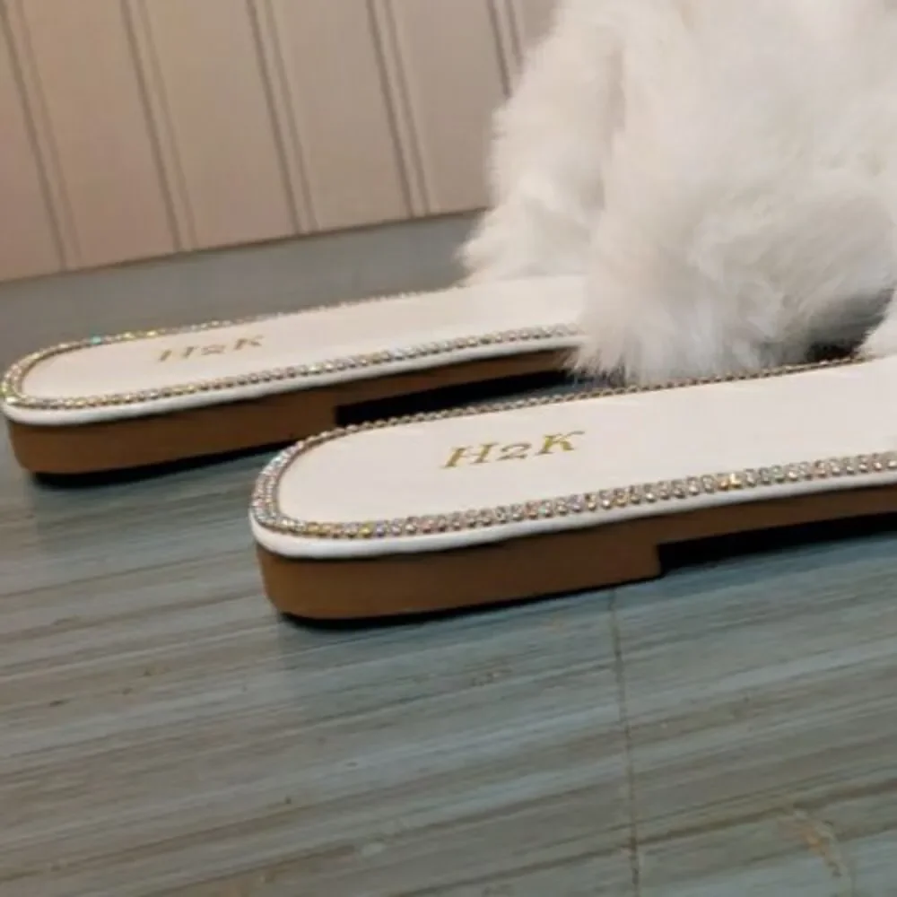 Faux Fur Rhinestone Slides Sandals Slippers Wedding Fuzzy Bling Cute Women Sz 10 - Picture 12 of 16